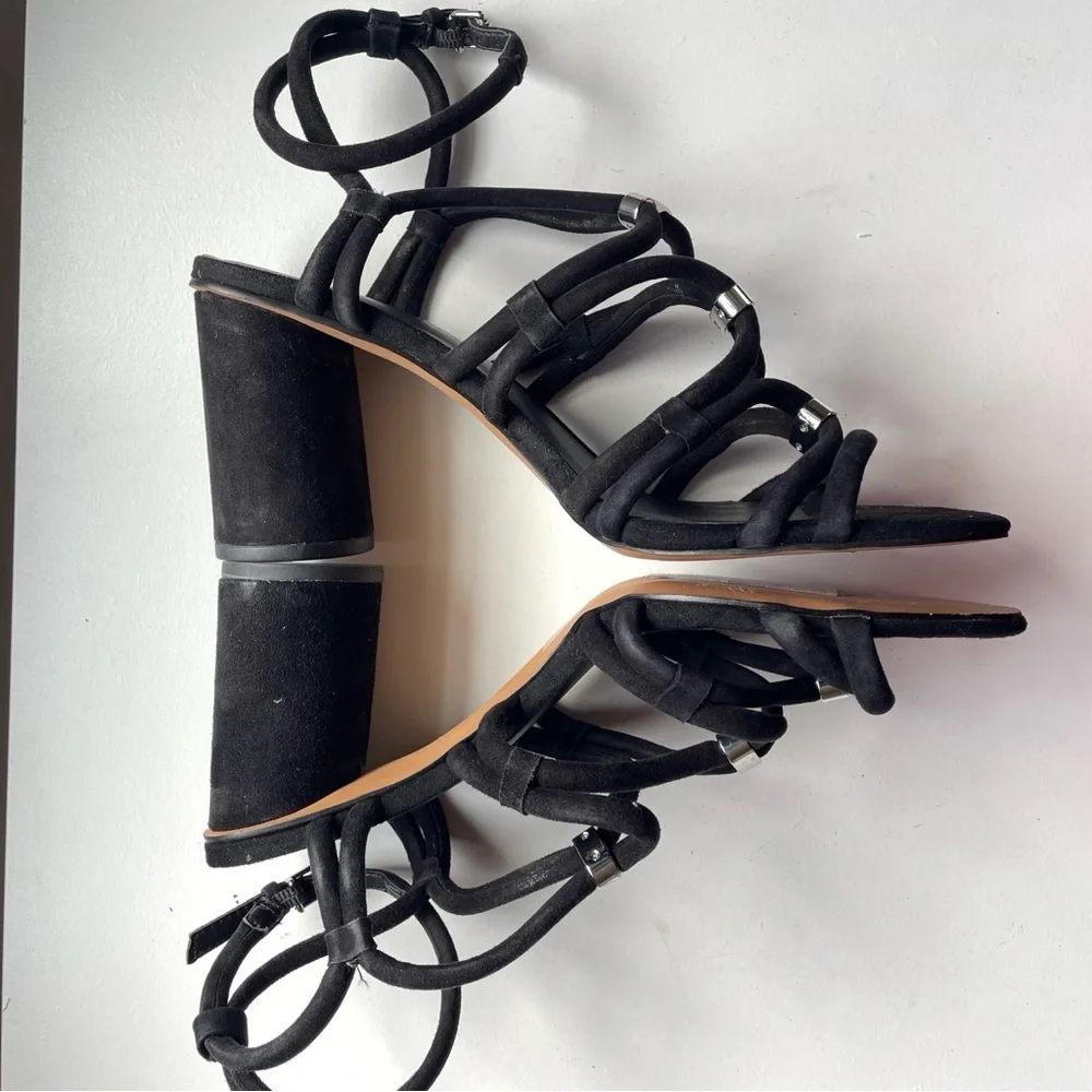 REBECCA MINKOFF sz 8.5 Apolline Suede Strappy Sandals black leather silver